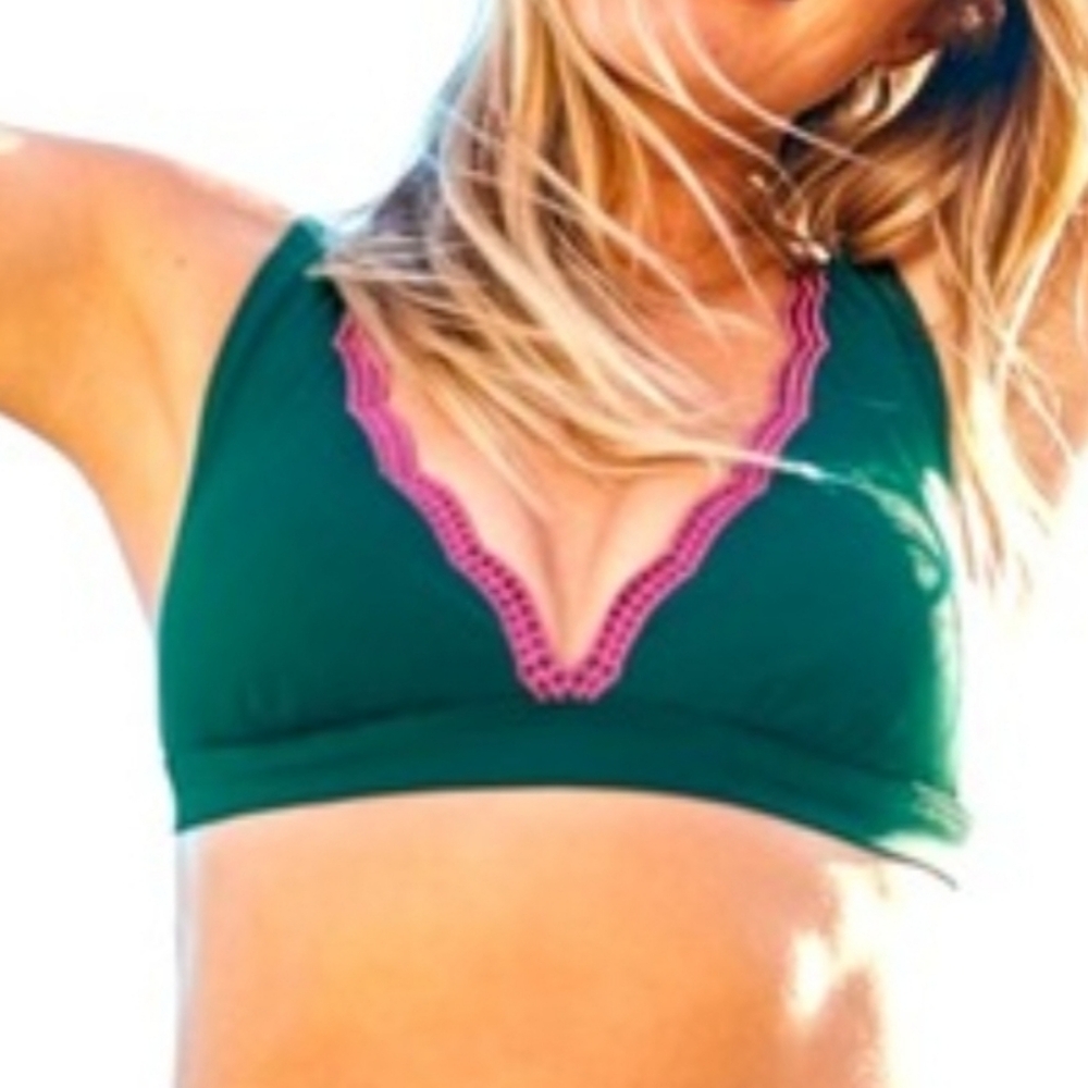Boden Corfu Bikini Top forest green w pink embroidered trim sz 14 NWT